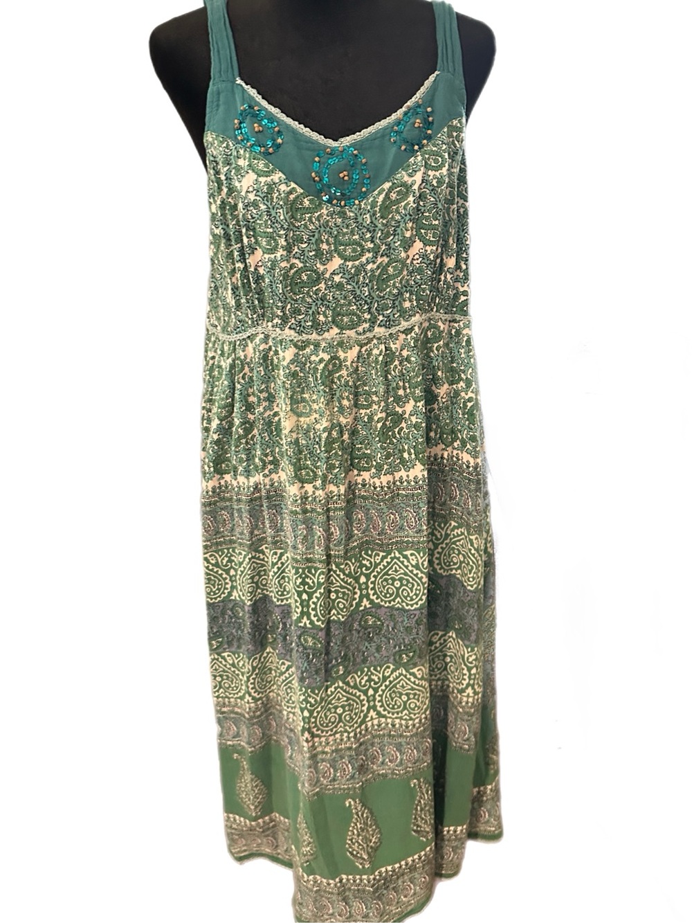 Phases Cotton Sleeveless Green Patterned Boho Maxi Dress